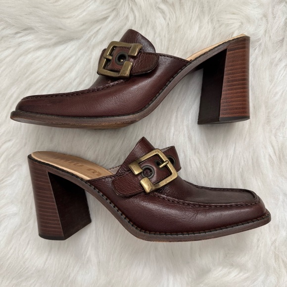 Authentic miu miu brown leather loafer slip on heeled mules - Picture 1 of 9